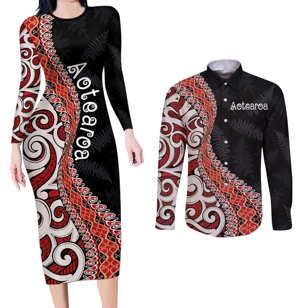 Aotearoa Maori Stylized Koru - Silver Ferns Couples Matching Long Sleeve Bodycon Dress and Long Sleeve Button Shirt