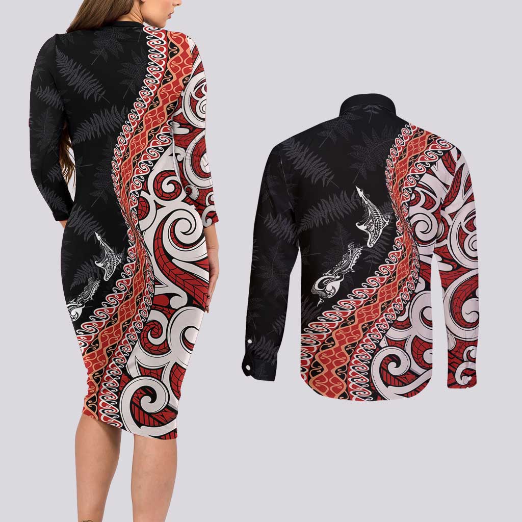 Aotearoa Maori Stylized Koru - Silver Ferns Couples Matching Long Sleeve Bodycon Dress and Long Sleeve Button Shirt