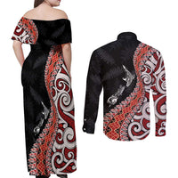 Aotearoa Maori Stylized Koru - Silver Ferns Couples Matching Off Shoulder Maxi Dress and Long Sleeve Button Shirt