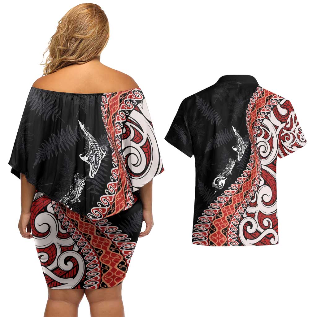 Aotearoa Maori Stylized Koru - Silver Ferns Couples Matching Off Shoulder Short Dress and Hawaiian Shirt