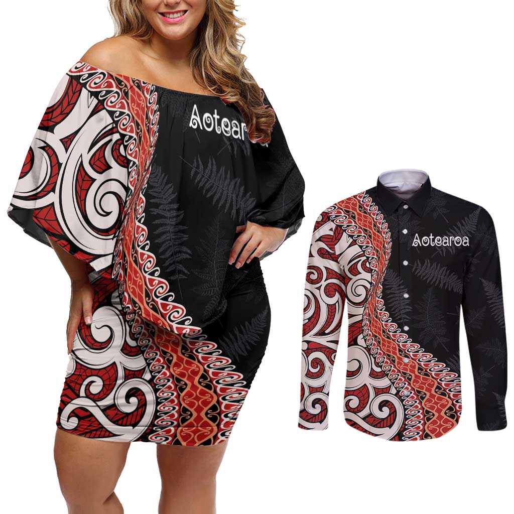 Aotearoa Maori Stylized Koru - Silver Ferns Couples Matching Off Shoulder Short Dress and Long Sleeve Button Shirt