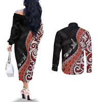 Aotearoa Maori Stylized Koru - Silver Ferns Couples Matching Off The Shoulder Long Sleeve Dress and Long Sleeve Button Shirt