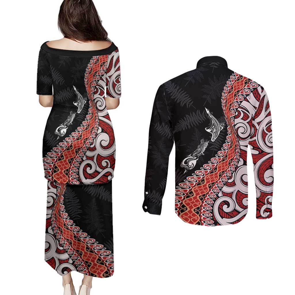 Aotearoa Maori Stylized Koru - Silver Ferns Couples Matching Puletasi and Long Sleeve Button Shirt
