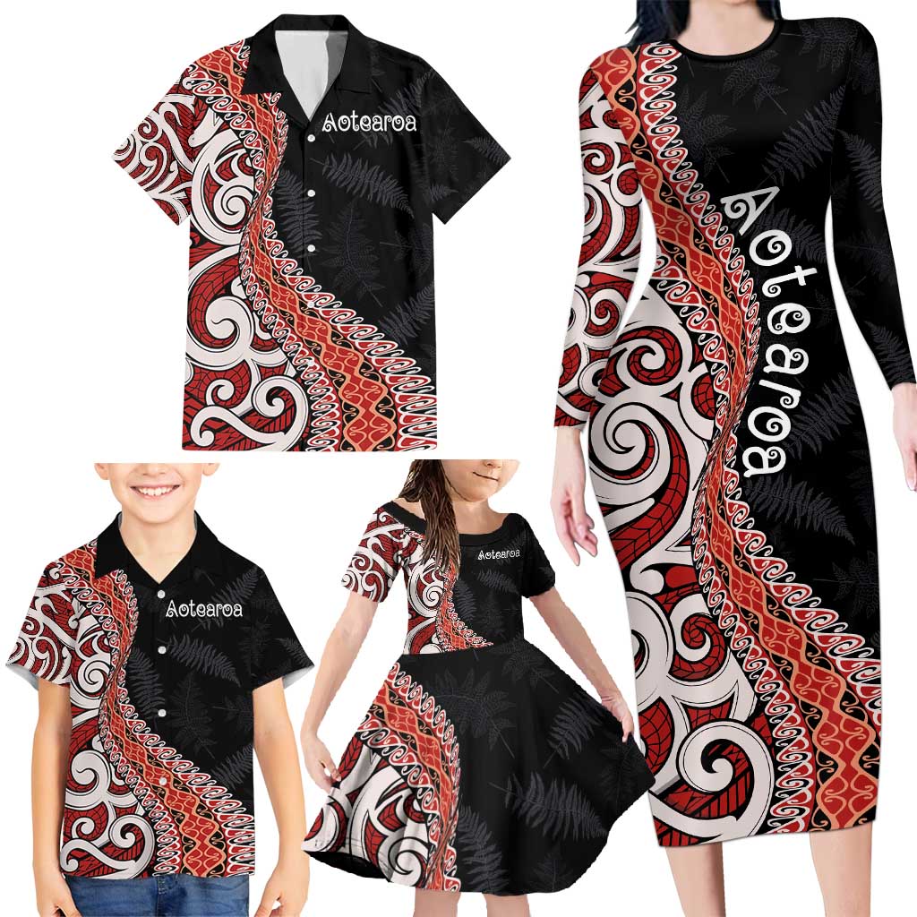 Aotearoa Maori Stylized Koru - Silver Ferns Family Matching Long Sleeve Bodycon Dress and Hawaiian Shirt LT03 - Polynesian Pride