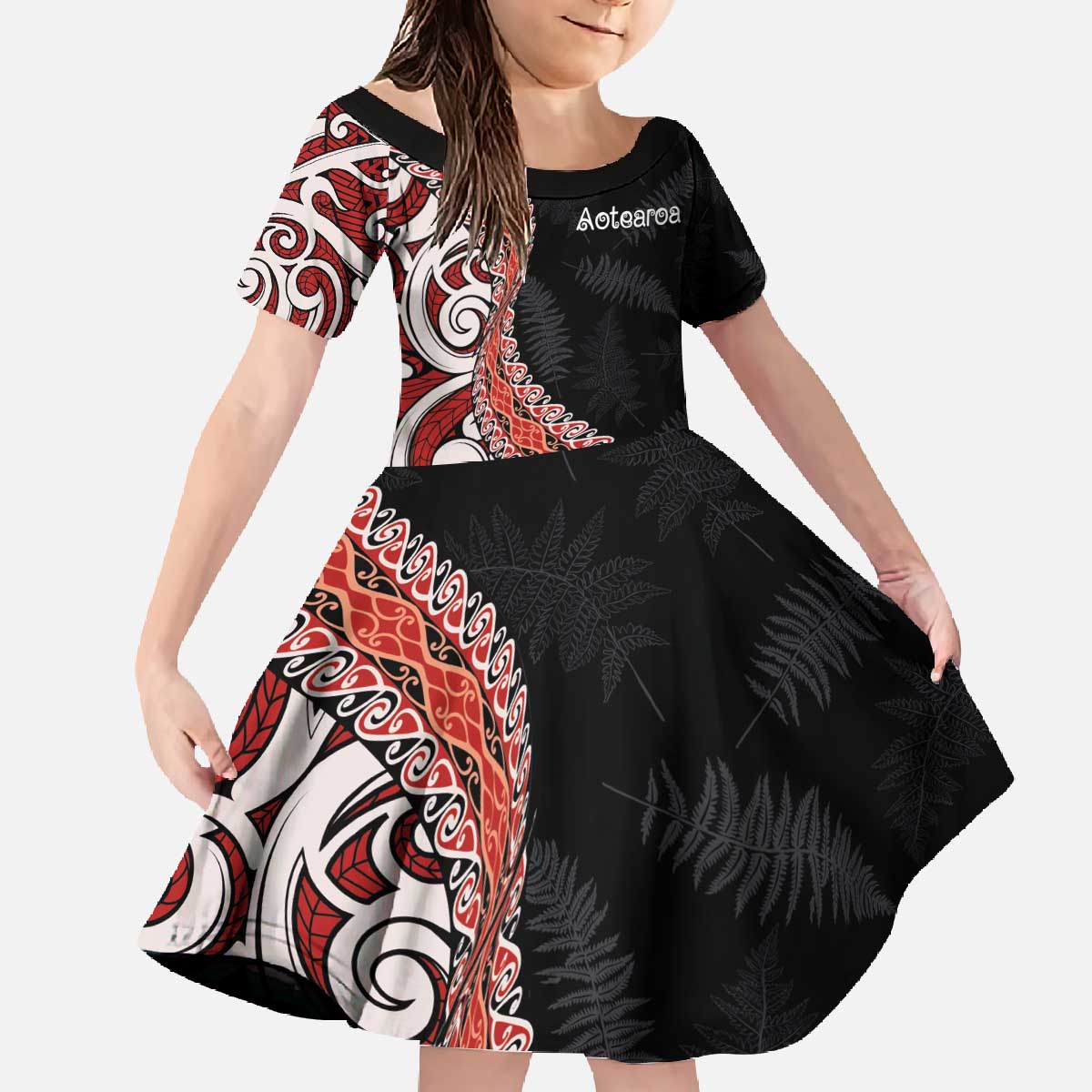 Aotearoa Maori Stylized Koru - Silver Ferns Family Matching Off The Shoulder Long Sleeve Dress and Hawaiian Shirt LT03 Daughter's Dress Red - Polynesian Pride