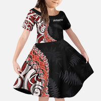 Aotearoa Maori Stylized Koru - Silver Ferns Family Matching Off The Shoulder Long Sleeve Dress and Hawaiian Shirt LT03 Daughter's Dress Red - Polynesian Pride