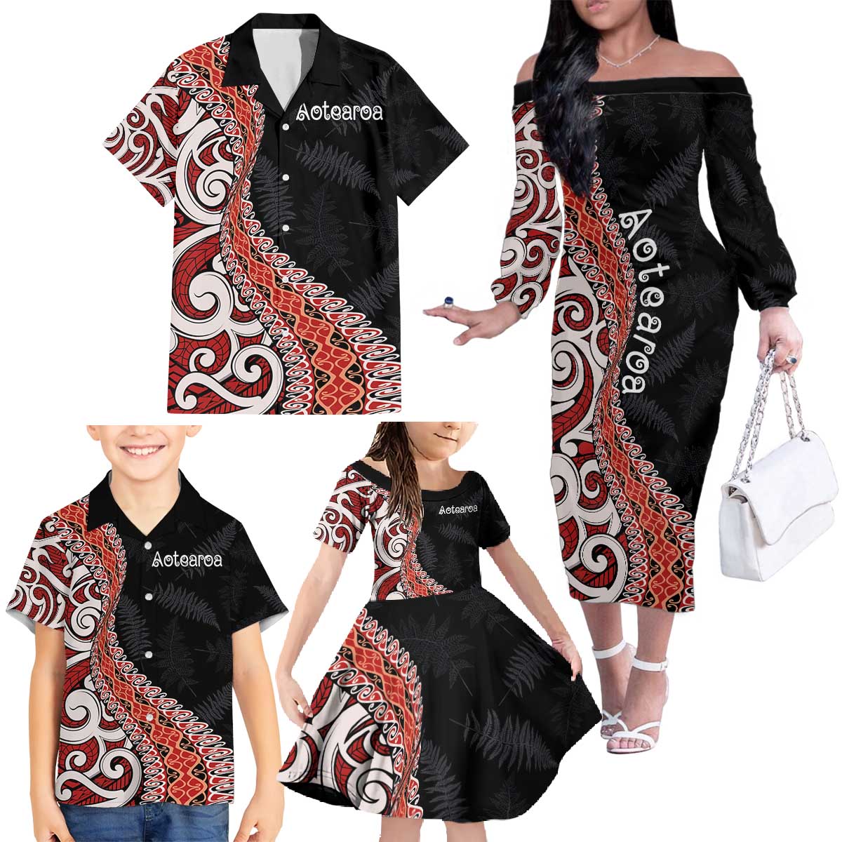 Aotearoa Maori Stylized Koru - Silver Ferns Family Matching Off The Shoulder Long Sleeve Dress and Hawaiian Shirt LT03 - Polynesian Pride