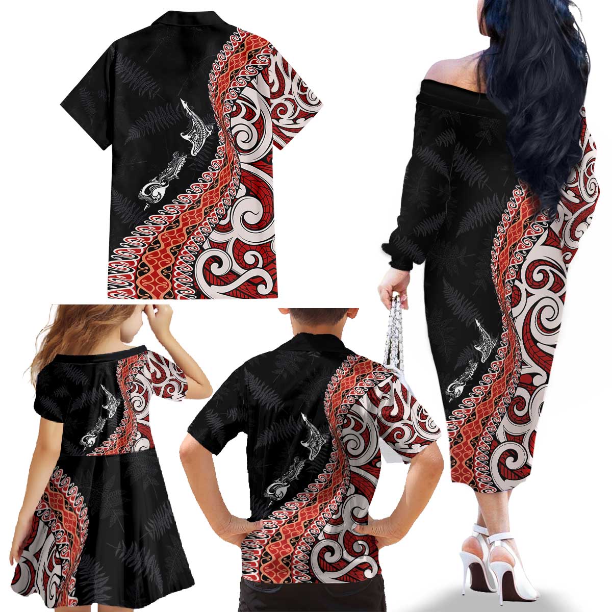Aotearoa Maori Stylized Koru - Silver Ferns Family Matching Off The Shoulder Long Sleeve Dress and Hawaiian Shirt LT03 - Polynesian Pride