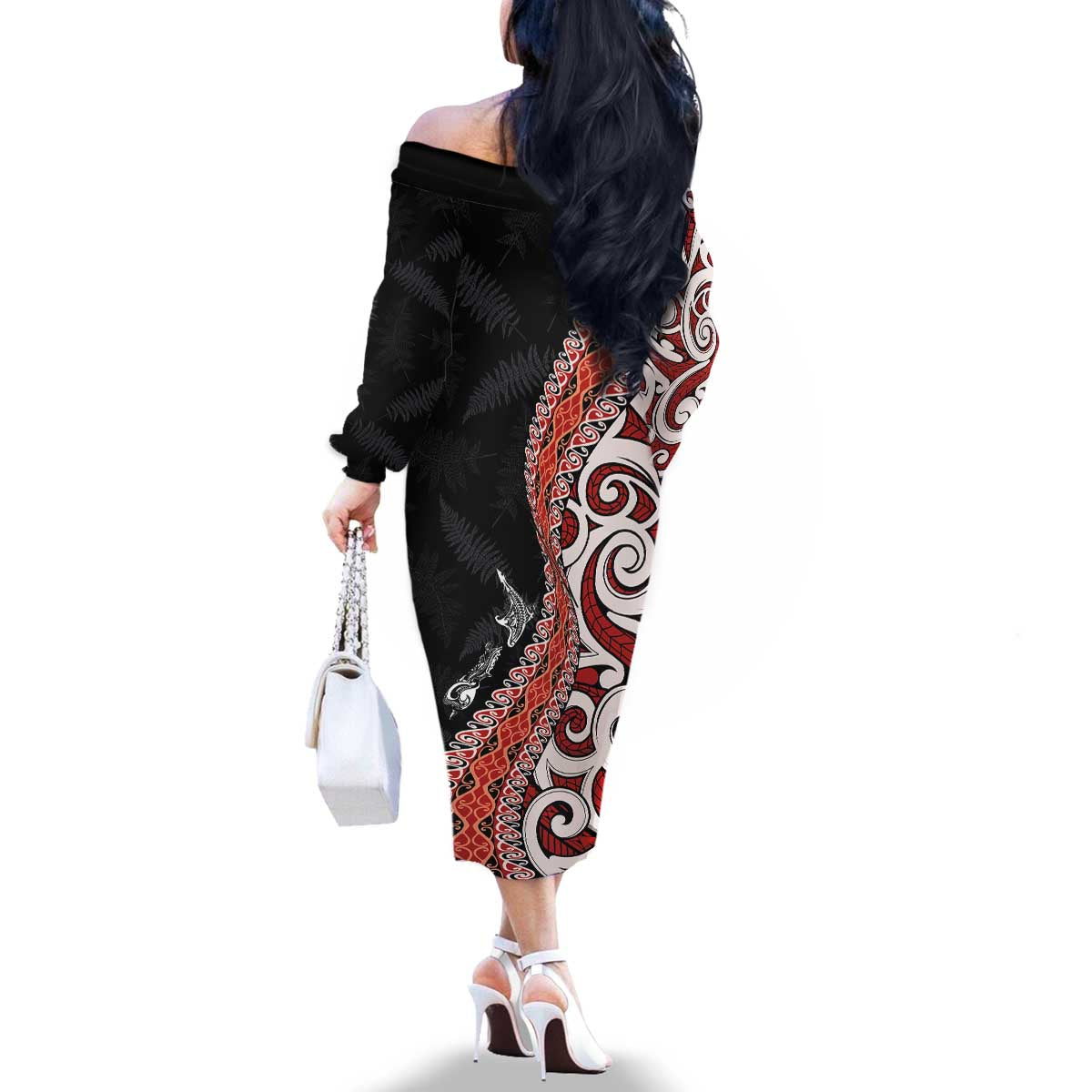 Aotearoa Maori Stylized Koru - Silver Ferns Family Matching Off The Shoulder Long Sleeve Dress and Hawaiian Shirt LT03 - Polynesian Pride