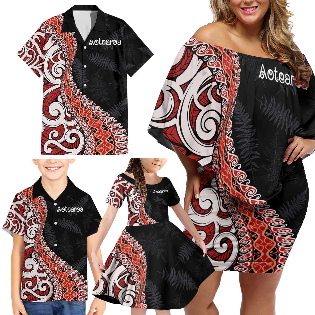 Aotearoa Maori Stylized Koru - Silver Ferns Family Matching Off Shoulder Short Dress and Hawaiian Shirt LT03 - Polynesian Pride