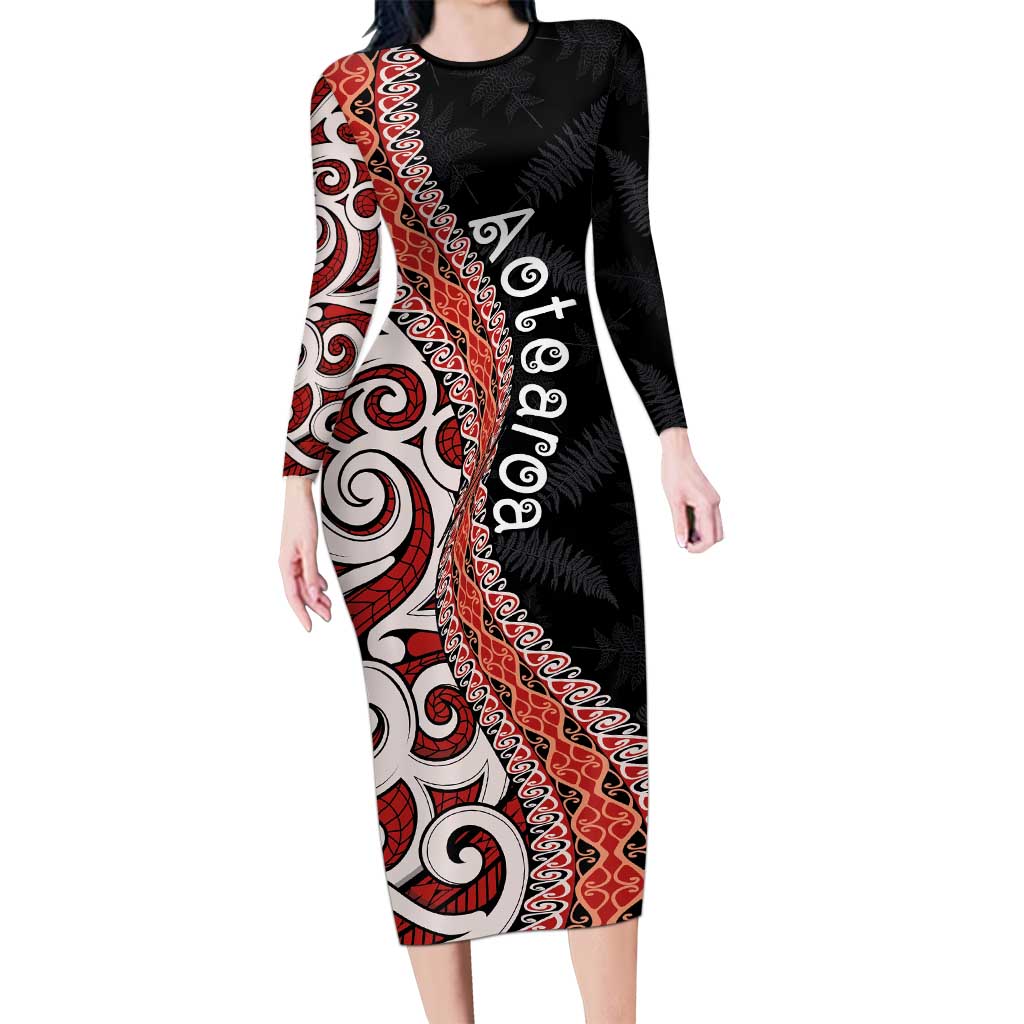 Aotearoa Maori Stylized Koru - Silver Ferns Long Sleeve Bodycon Dress LT03 Long Dress Red - Polynesian Pride