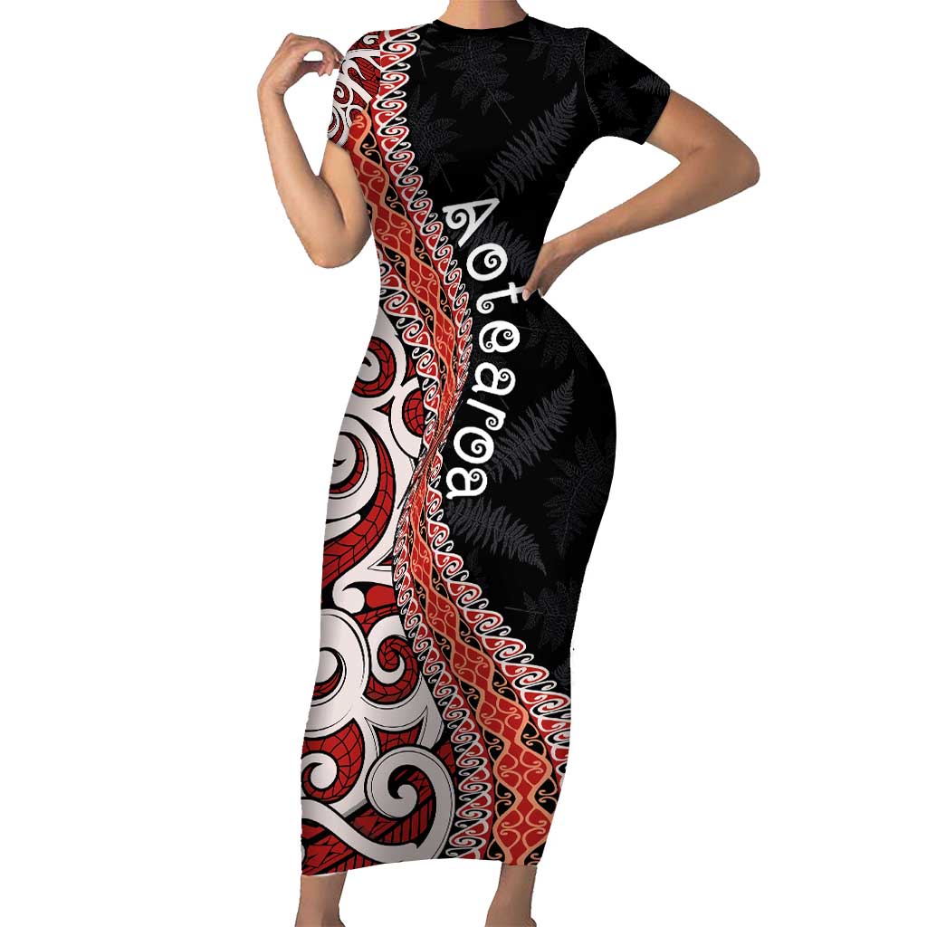 Aotearoa Maori Stylized Koru - Silver Ferns Short Sleeve Bodycon Dress LT03 Long Dress Red - Polynesian Pride