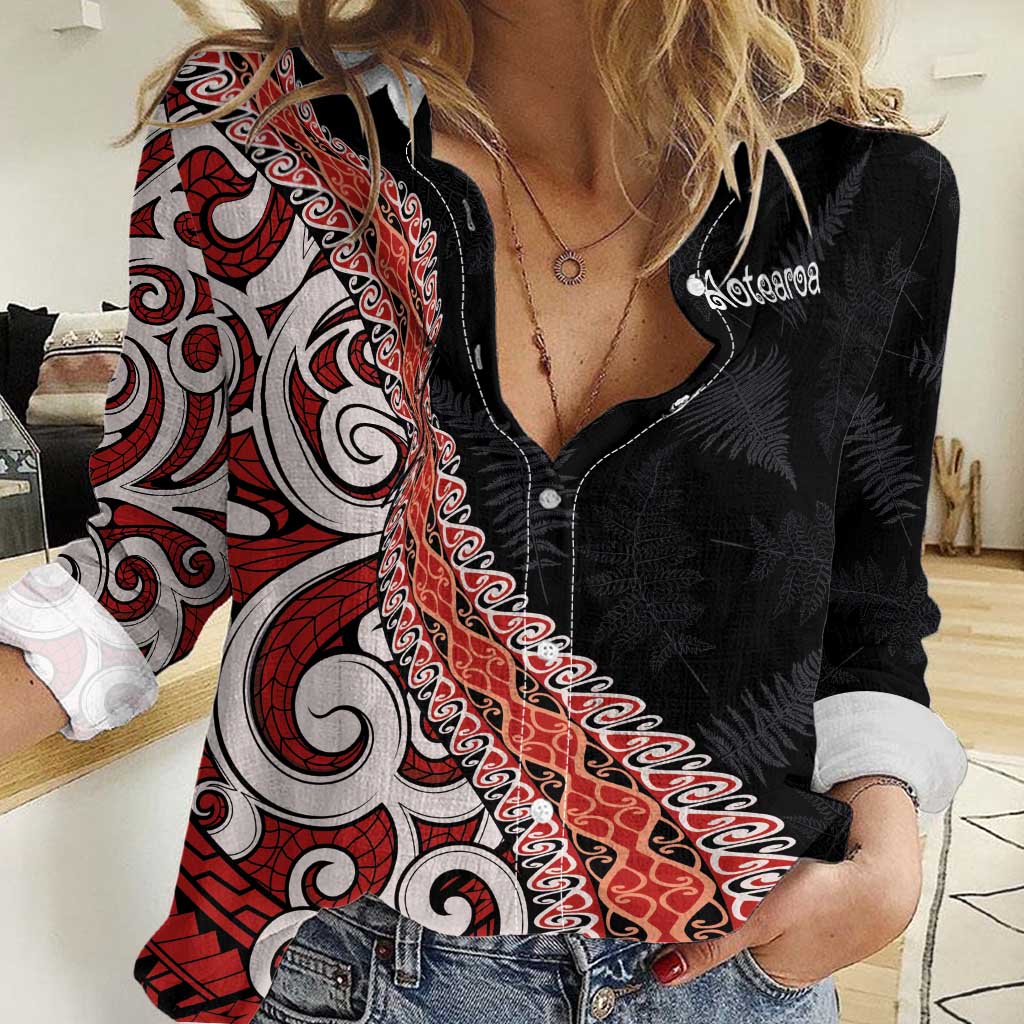 Aotearoa Maori Stylized Koru - Silver Ferns Women Casual Shirt LT03 Female Red - Polynesian Pride