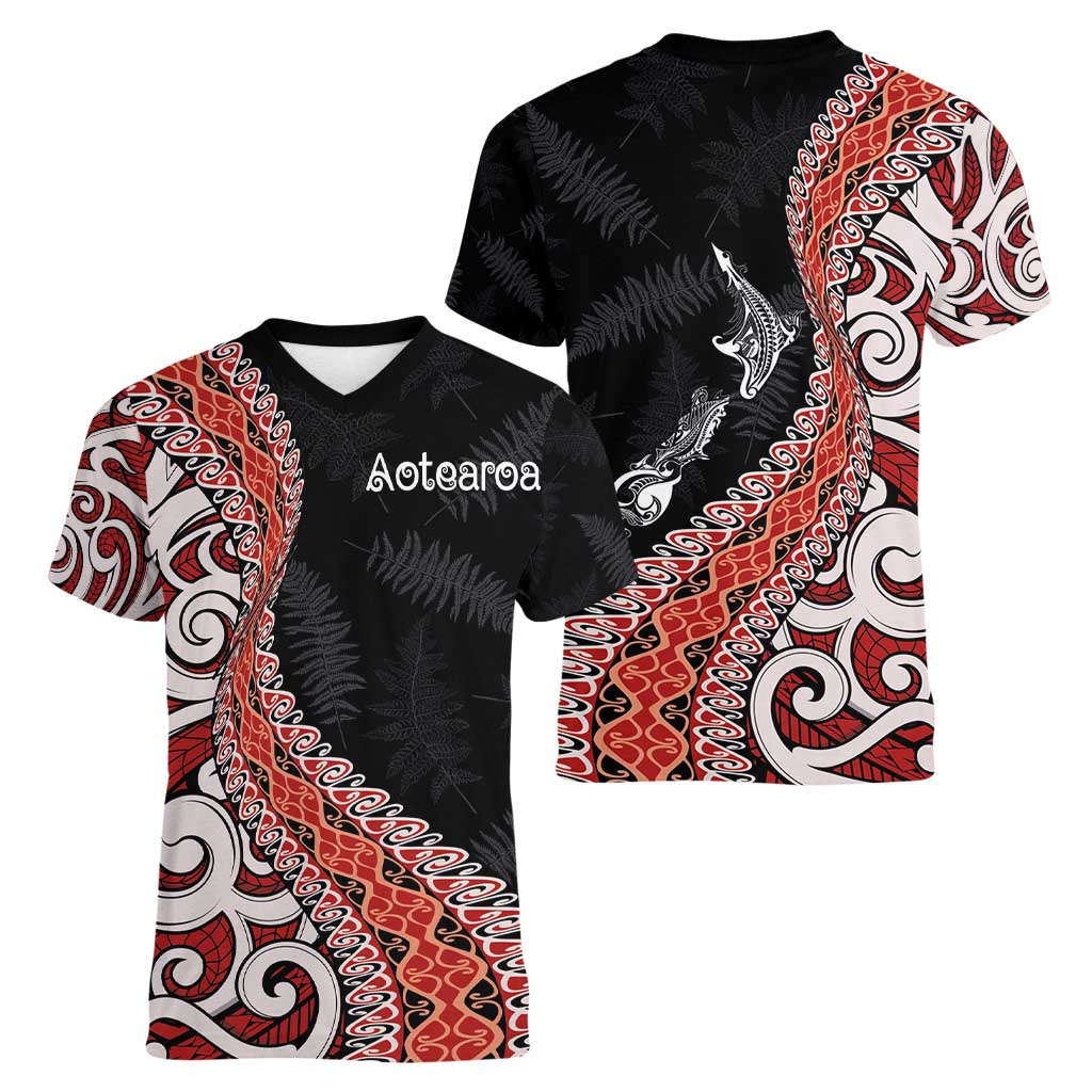 Aotearoa Maori Stylized Koru - Silver Ferns Women V-Neck T-Shirt