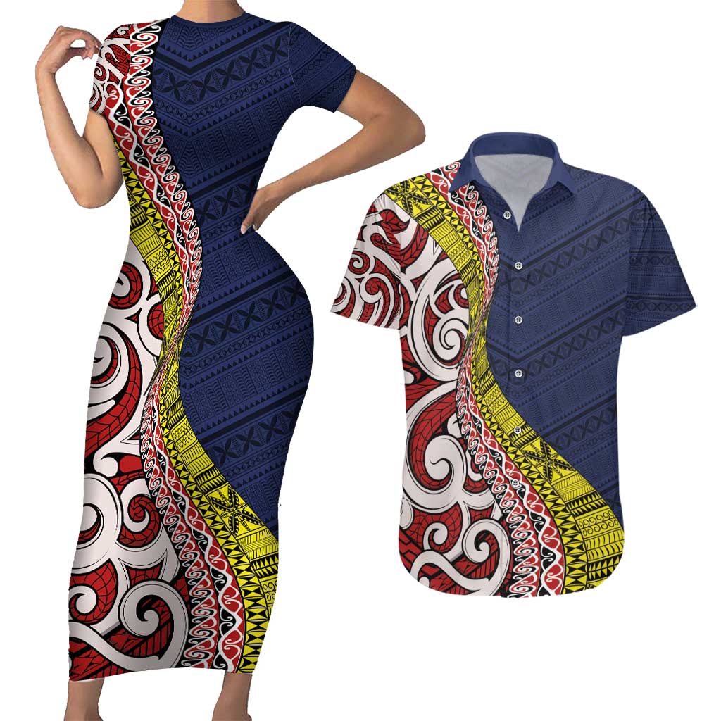 Aotearoa and Niue Couples Matching Short Sleeve Bodycon Dress and Hawaiian Shirt Hiapo Maori Stylized Koru LT03 Blue - Polynesian Pride