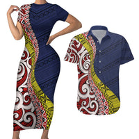 Aotearoa and Niue Couples Matching Short Sleeve Bodycon Dress and Hawaiian Shirt Hiapo Maori Stylized Koru LT03 Blue - Polynesian Pride