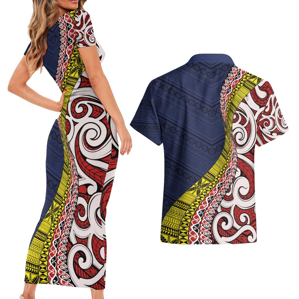 Aotearoa and Niue Couples Matching Short Sleeve Bodycon Dress and Hawaiian Shirt Hiapo Maori Stylized Koru LT03 - Polynesian Pride