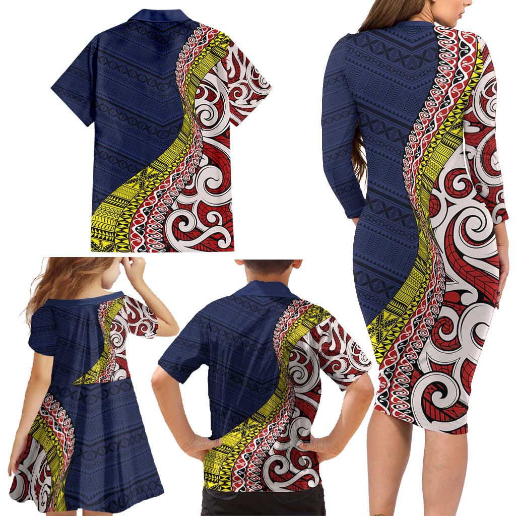 Aotearoa and Niue Family Matching Long Sleeve Bodycon Dress and Hawaiian Shirt Hiapo Maori Stylized Koru LT03 - Polynesian Pride