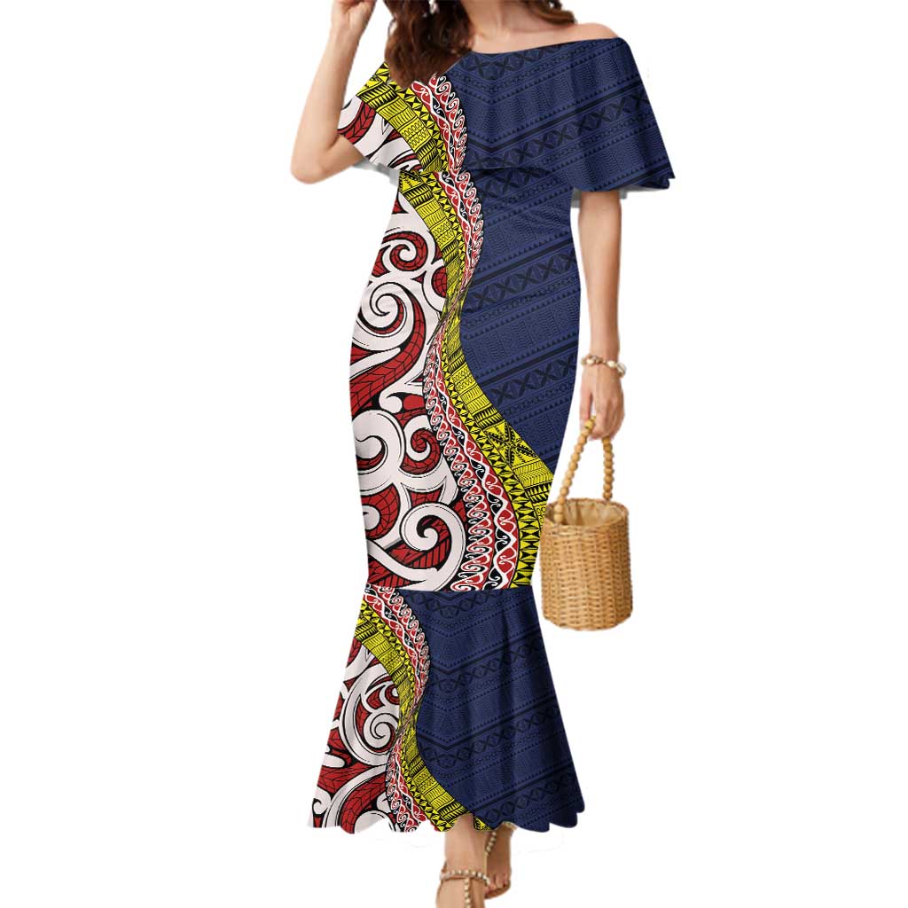 Aotearoa and Niue Family Matching Mermaid Dress and Hawaiian Shirt Hiapo Maori Stylized Koru LT03 Mom's Dress Blue - Polynesian Pride