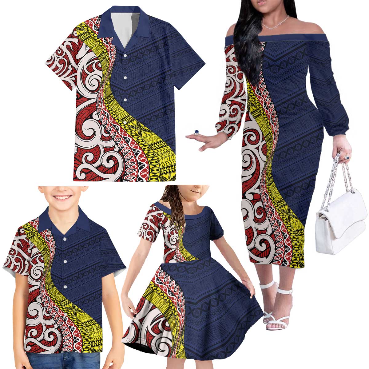 Aotearoa and Niue Family Matching Off The Shoulder Long Sleeve Dress and Hawaiian Shirt Hiapo Maori Stylized Koru LT03 - Polynesian Pride