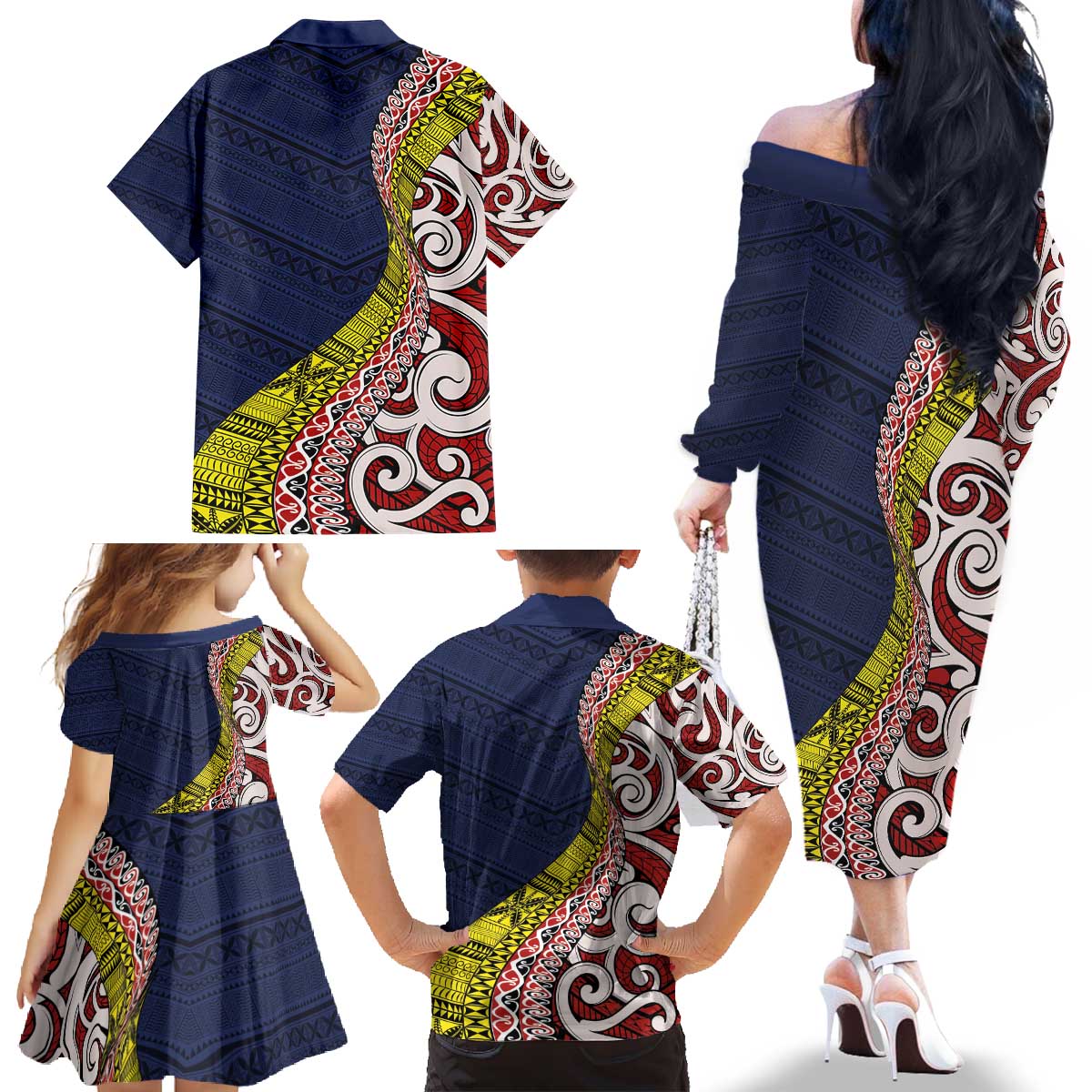 Aotearoa and Niue Family Matching Off The Shoulder Long Sleeve Dress and Hawaiian Shirt Hiapo Maori Stylized Koru LT03 - Polynesian Pride