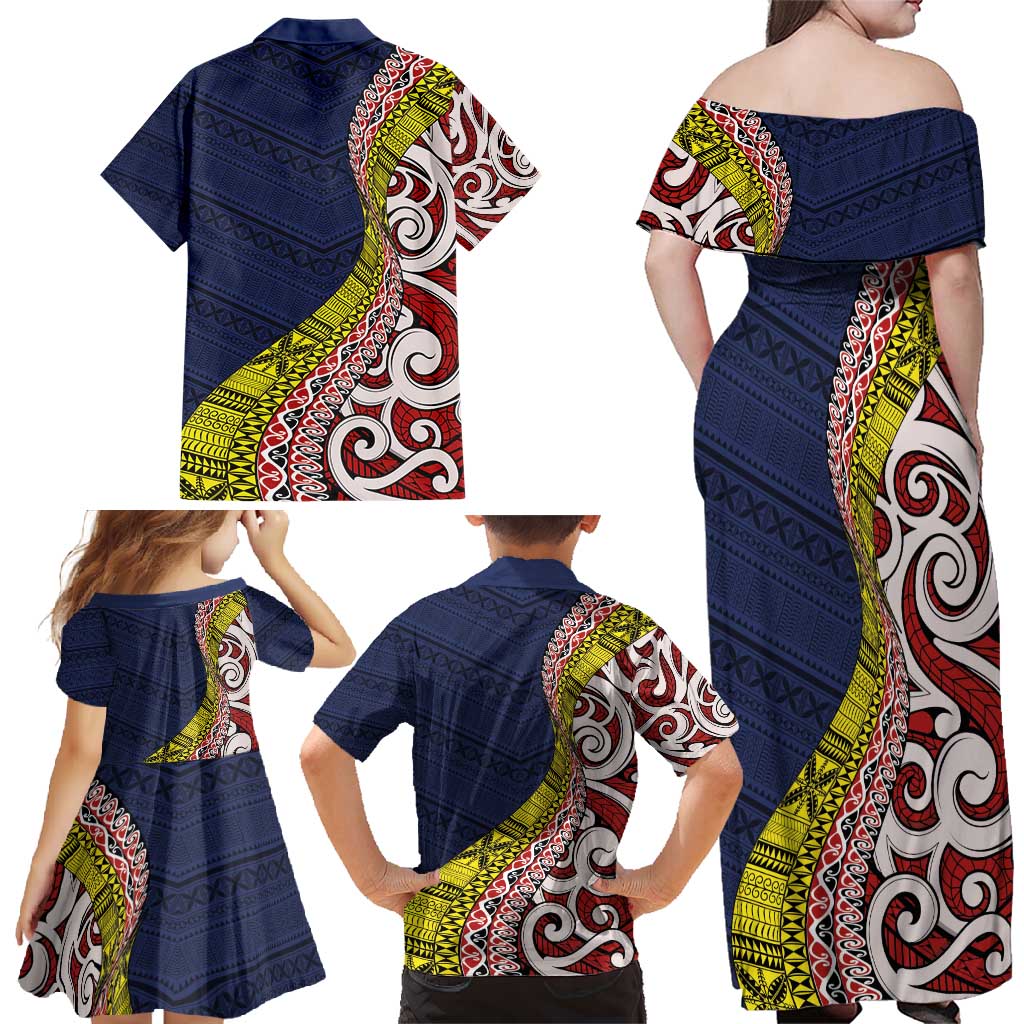 Aotearoa and Niue Family Matching Off Shoulder Maxi Dress and Hawaiian Shirt Hiapo Maori Stylized Koru LT03 - Polynesian Pride