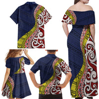 Aotearoa and Niue Family Matching Off Shoulder Maxi Dress and Hawaiian Shirt Hiapo Maori Stylized Koru LT03 - Polynesian Pride