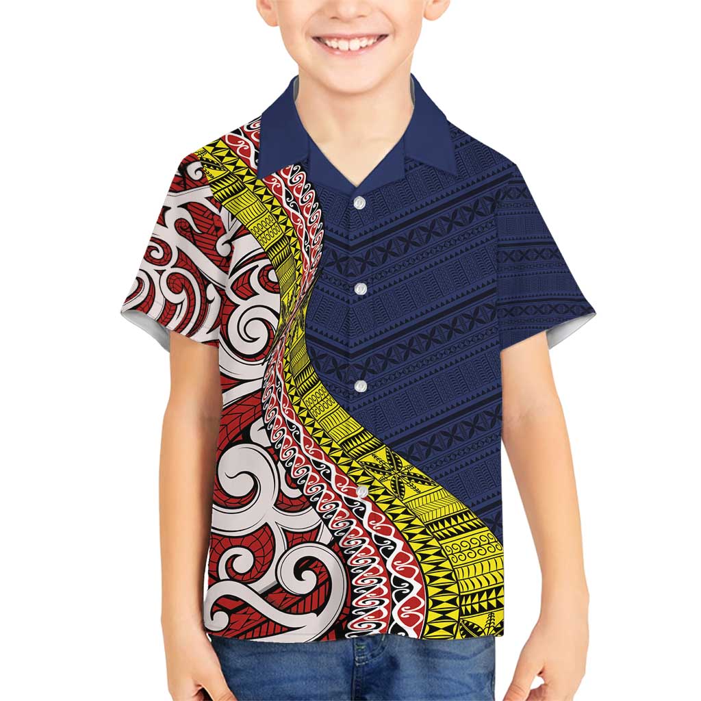 Aotearoa and Niue Family Matching Off Shoulder Maxi Dress and Hawaiian Shirt Hiapo Maori Stylized Koru LT03 Son's Shirt Blue - Polynesian Pride