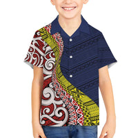 Aotearoa and Niue Family Matching Off Shoulder Maxi Dress and Hawaiian Shirt Hiapo Maori Stylized Koru LT03 Son's Shirt Blue - Polynesian Pride