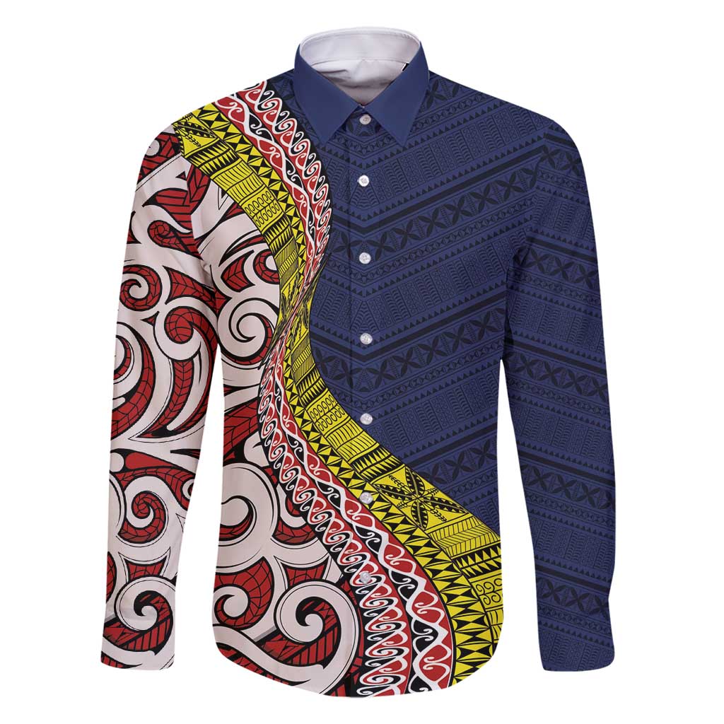 Aotearoa and Niue Family Matching Off Shoulder Short Dress and Hawaiian Shirt Hiapo Maori Stylized Koru LT03 Dad's Shirt - Long Sleeve Blue - Polynesian Pride