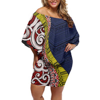 Aotearoa and Niue Family Matching Off Shoulder Short Dress and Hawaiian Shirt Hiapo Maori Stylized Koru LT03 Mom's Dress Blue - Polynesian Pride