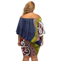 Aotearoa and Niue Family Matching Off Shoulder Short Dress and Hawaiian Shirt Hiapo Maori Stylized Koru LT03 - Polynesian Pride