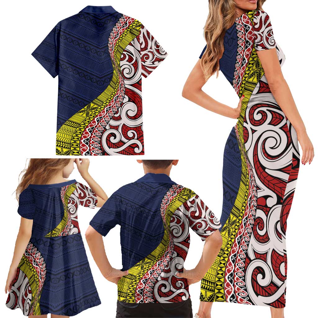 Aotearoa and Niue Family Matching Short Sleeve Bodycon Dress and Hawaiian Shirt Hiapo Maori Stylized Koru LT03 - Polynesian Pride