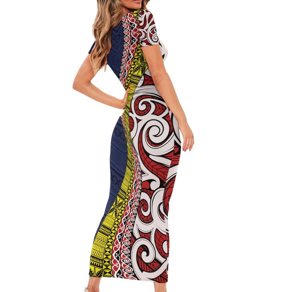 Aotearoa and Niue Family Matching Short Sleeve Bodycon Dress and Hawaiian Shirt Hiapo Maori Stylized Koru LT03 - Polynesian Pride