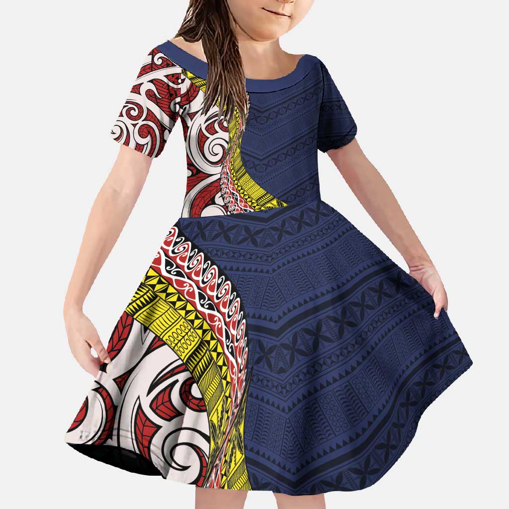 Aotearoa and Niue Family Matching Summer Maxi Dress and Hawaiian Shirt Hiapo Maori Stylized Koru LT03 Daughter's Dress Blue - Polynesian Pride