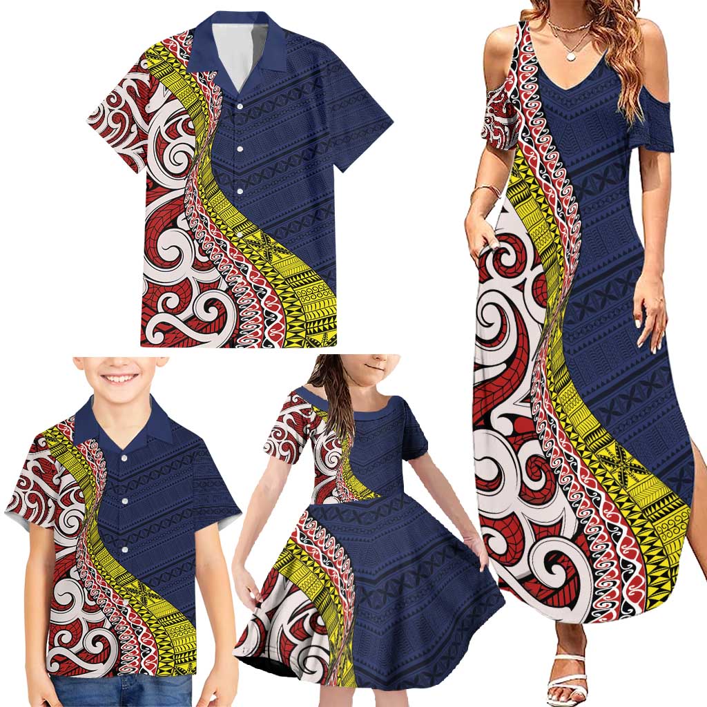 Aotearoa and Niue Family Matching Summer Maxi Dress and Hawaiian Shirt Hiapo Maori Stylized Koru LT03 - Polynesian Pride