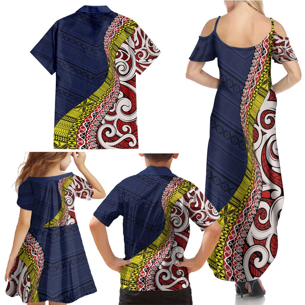 Aotearoa and Niue Family Matching Summer Maxi Dress and Hawaiian Shirt Hiapo Maori Stylized Koru LT03 - Polynesian Pride