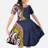 Aotearoa and Niue Family Matching Tank Maxi Dress and Hawaiian Shirt Hiapo Maori Stylized Koru LT03 Daughter's Dress Blue - Polynesian Pride