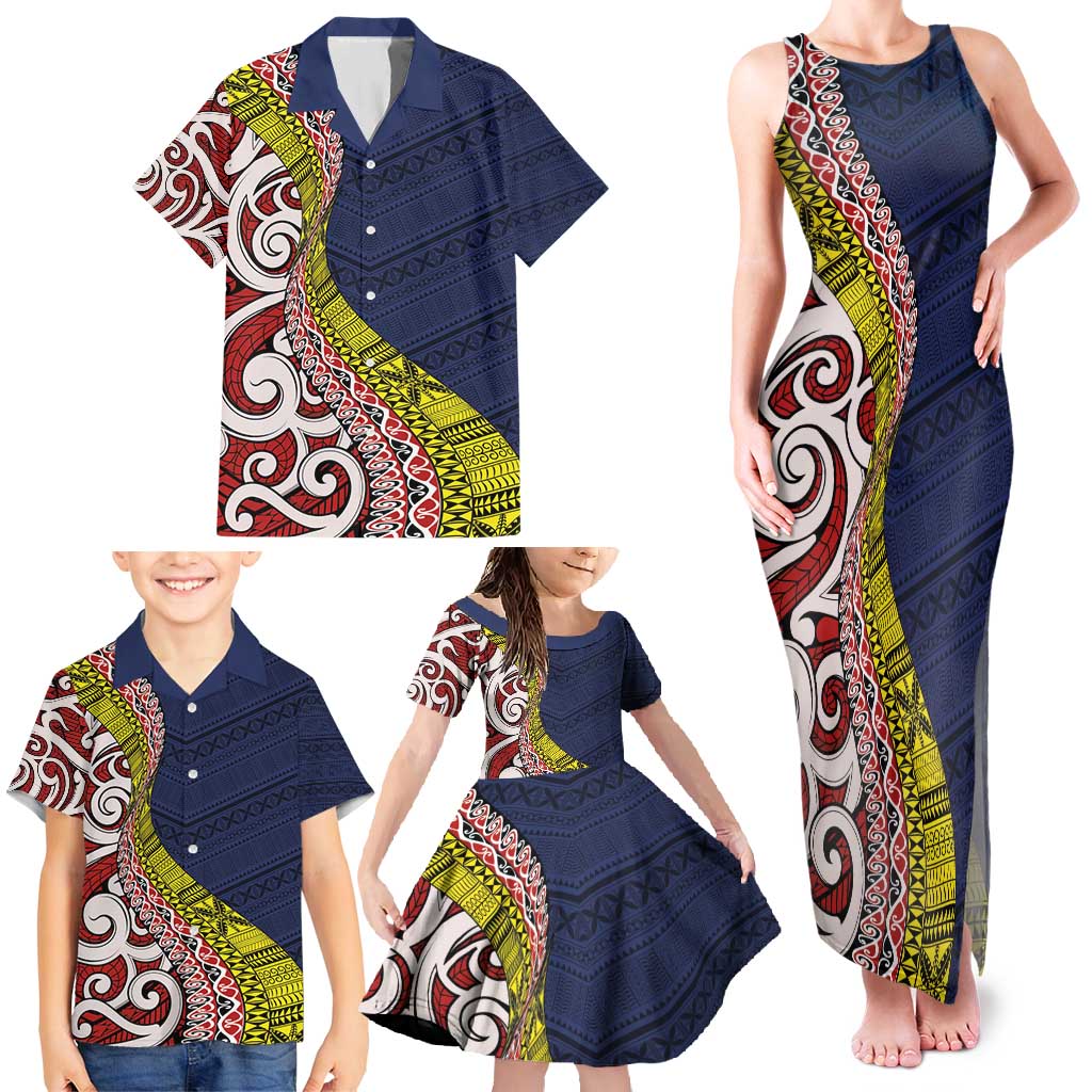 Aotearoa and Niue Family Matching Tank Maxi Dress and Hawaiian Shirt Hiapo Maori Stylized Koru LT03 - Polynesian Pride