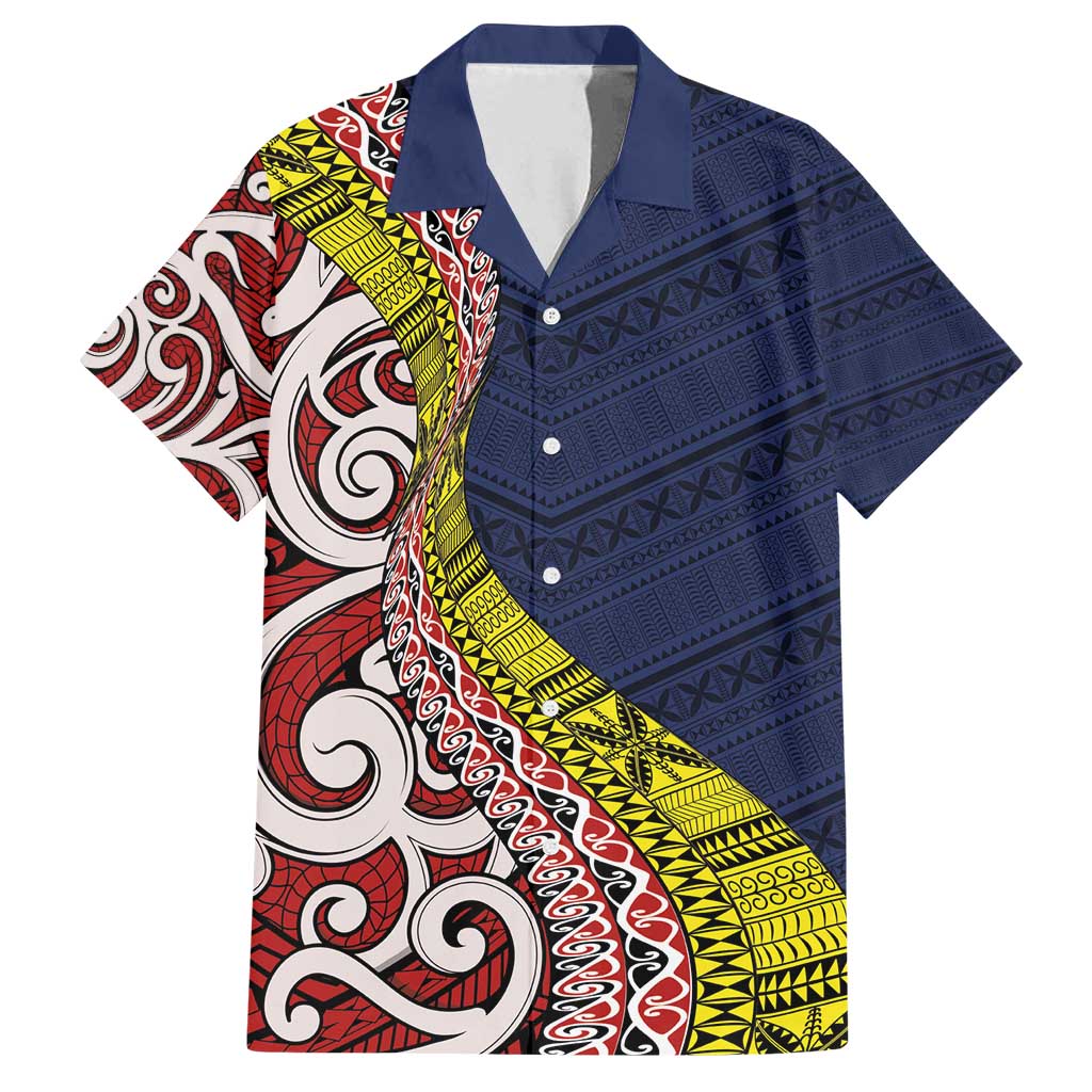 Aotearoa and Niue Family Matching Tank Maxi Dress and Hawaiian Shirt Hiapo Maori Stylized Koru LT03 Dad's Shirt - Short Sleeve Blue - Polynesian Pride