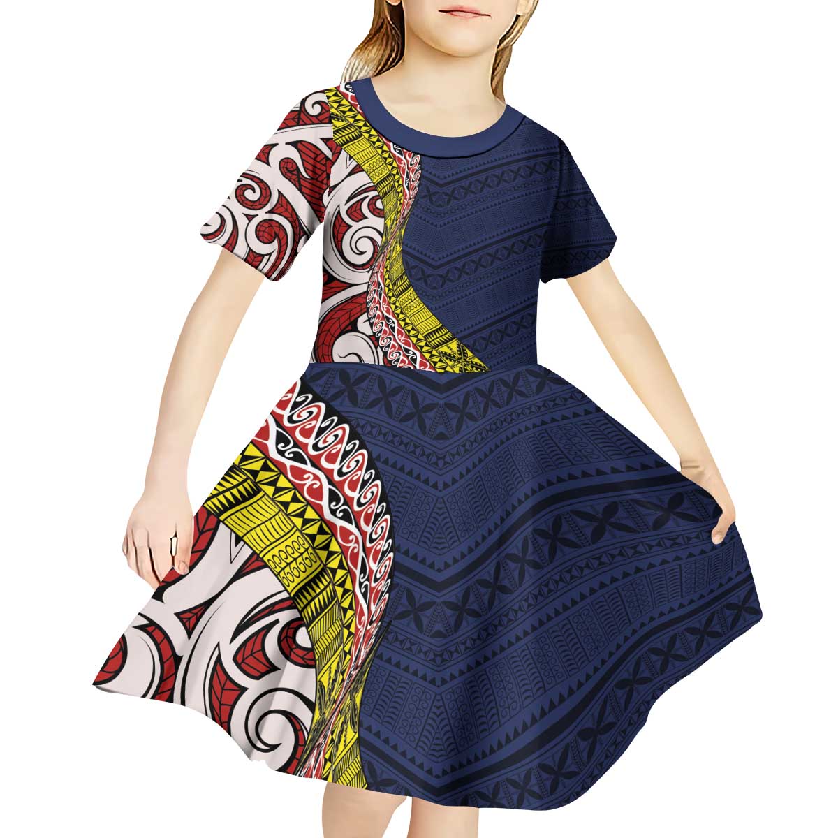 Aotearoa and Niue Kid Short Sleeve Dress Hiapo Maori Stylized Koru LT03 - Polynesian Pride