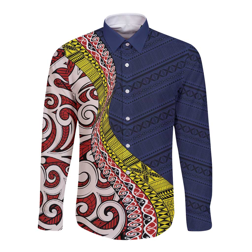 Aotearoa and Niue Long Sleeve Button Shirt Hiapo Maori Stylized Koru LT03 Unisex Blue - Polynesian Pride