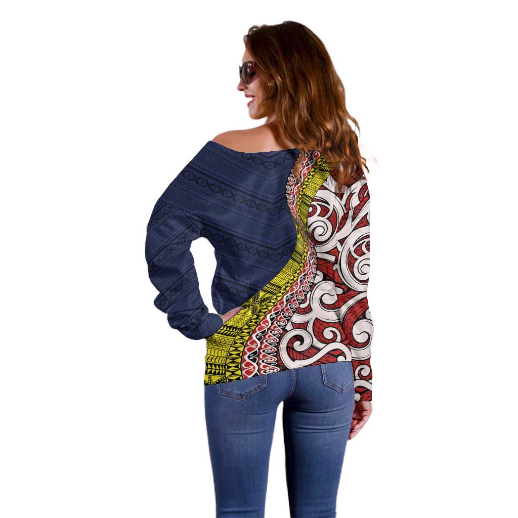 Aotearoa and Niue Off Shoulder Sweater Hiapo Maori Stylized Koru