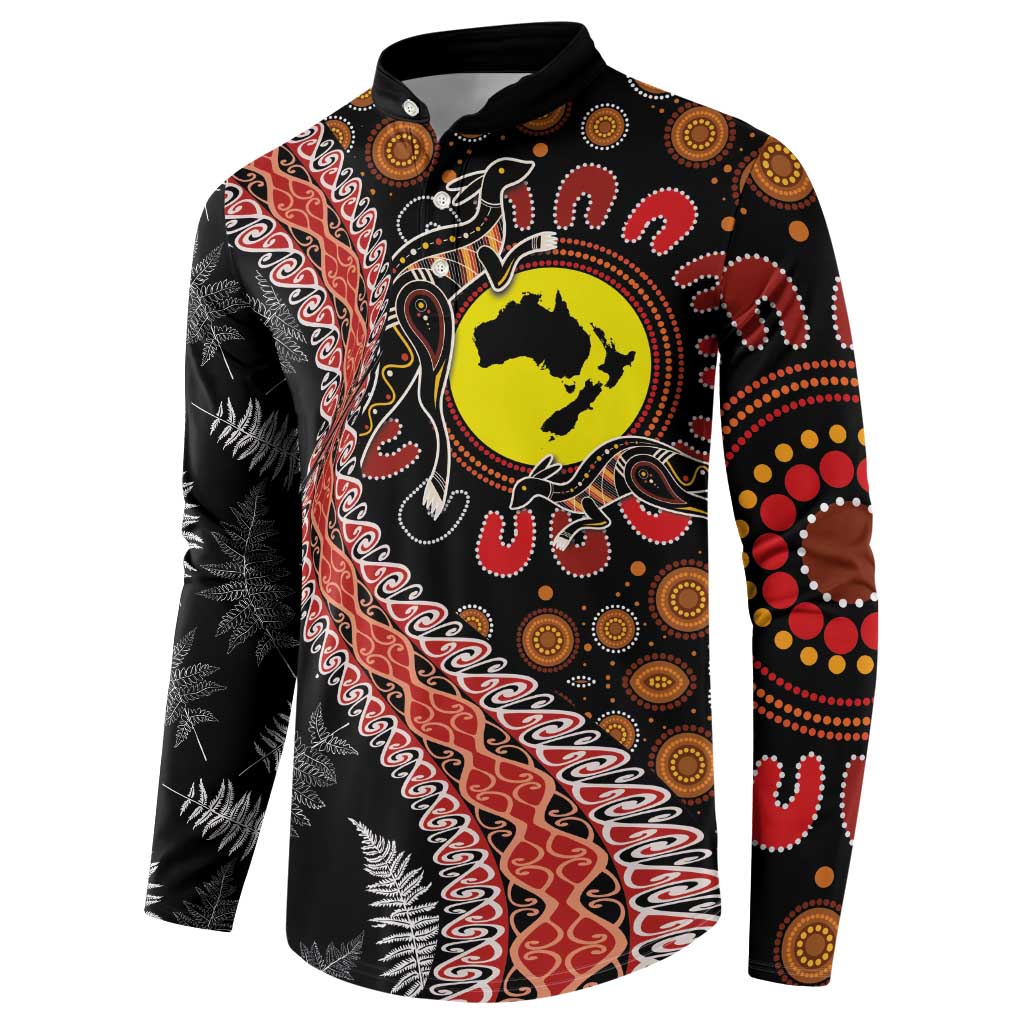 Aotearoa and Australia Button Sweatshirt Maori Koru Ferns With Aboriginal Kangaroo