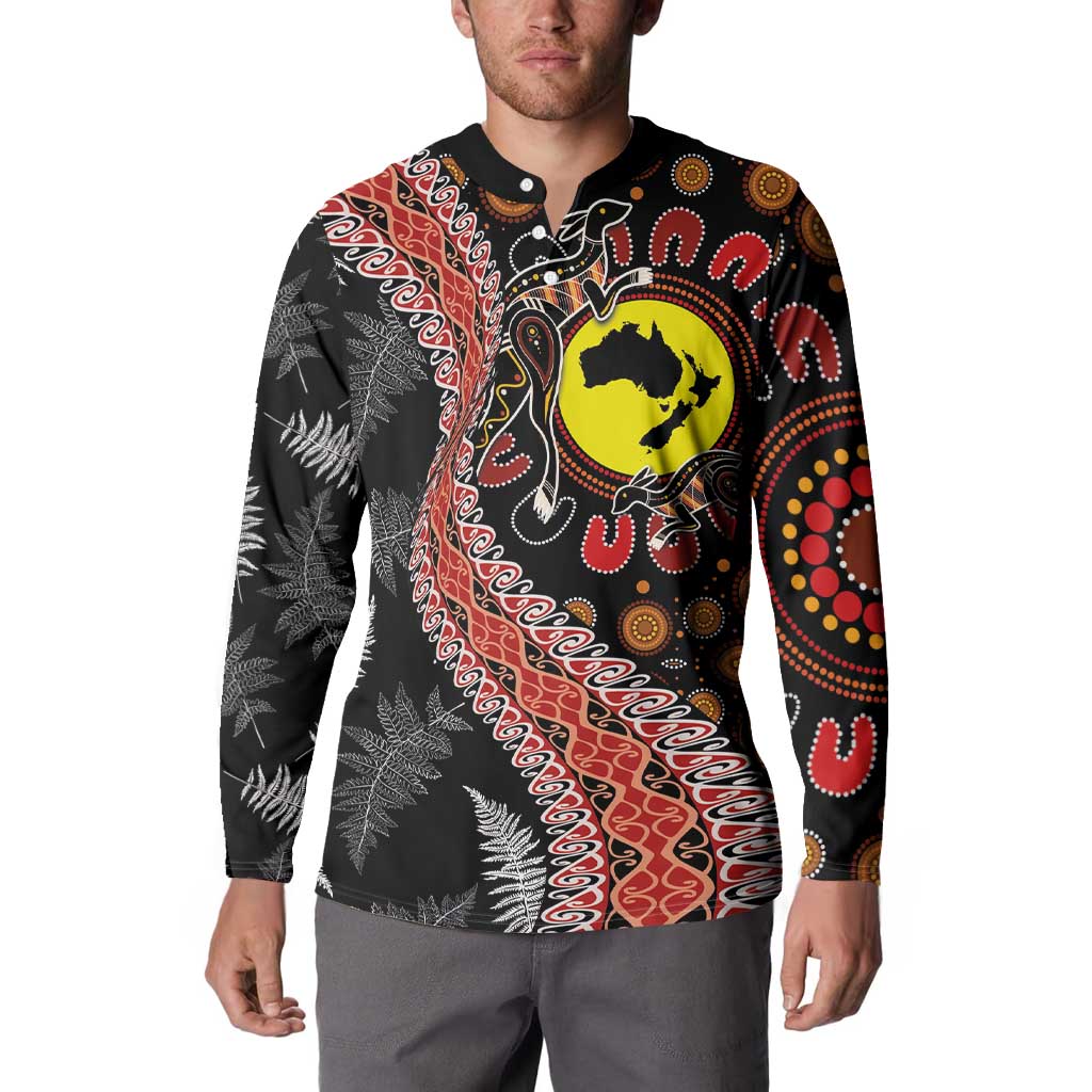 Aotearoa and Australia Button Sweatshirt Maori Koru Ferns With Aboriginal Kangaroo