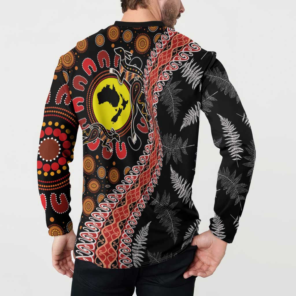 Aotearoa and Australia Button Sweatshirt Maori Koru Ferns With Aboriginal Kangaroo