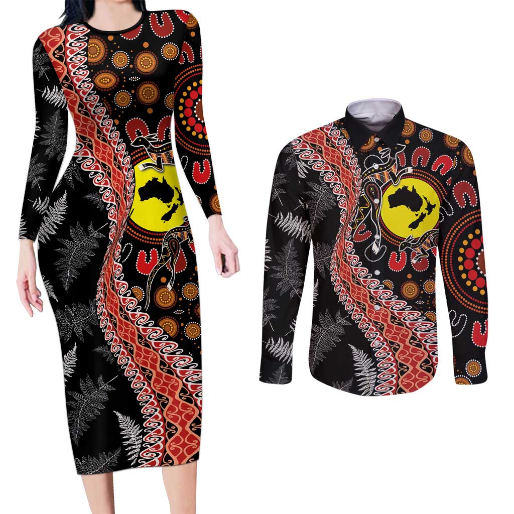 Aotearoa and Australia Couples Matching Long Sleeve Bodycon Dress and Long Sleeve Button Shirt Maori Koru Ferns With Aboriginal Kangaroo