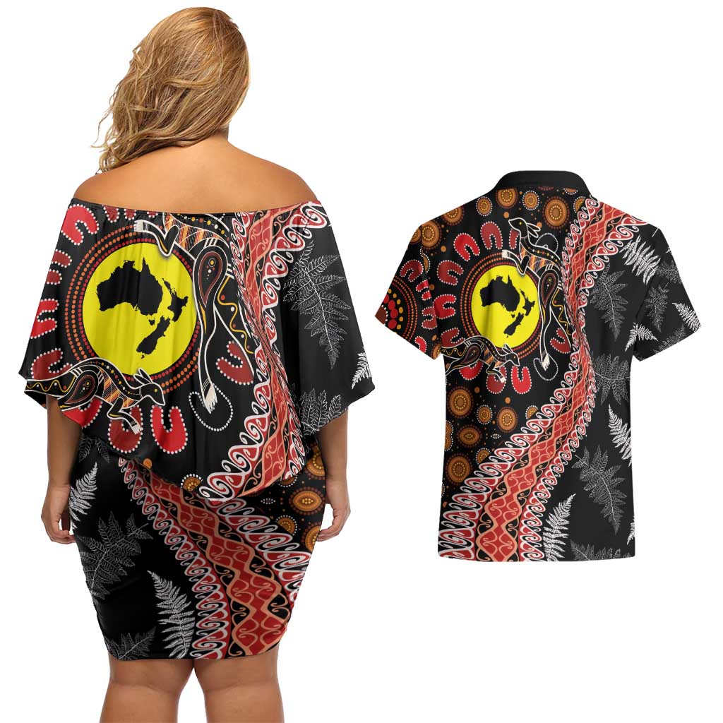 Aotearoa and Australia Couples Matching Off Shoulder Short Dress and Hawaiian Shirt Maori Koru Ferns With Aboriginal Kangaroo