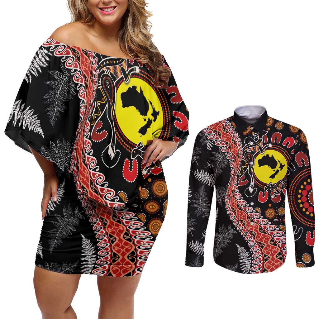 Aotearoa and Australia Couples Matching Off Shoulder Short Dress and Long Sleeve Button Shirt Maori Koru Ferns With Aboriginal Kangaroo