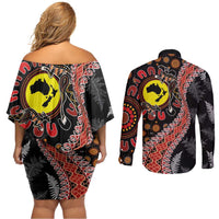 Aotearoa and Australia Couples Matching Off Shoulder Short Dress and Long Sleeve Button Shirt Maori Koru Ferns With Aboriginal Kangaroo